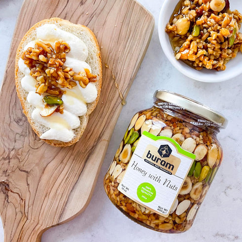 14 oz Buram Honey with Nuts - Healthy Protein Snacks - Peanuts, Walnuts, Pistachios, Hazelnuts - Resealable Jar - High