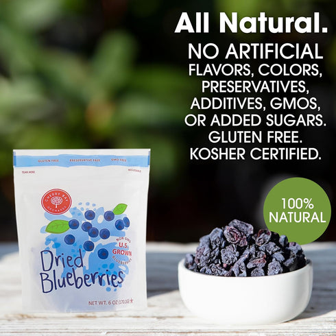 Cherry Bay Orchards Dried Blueberries (6oz Bag) - 100% Domestic, Natural, Kosher, Gluten-Free, GMO Free, Resealable