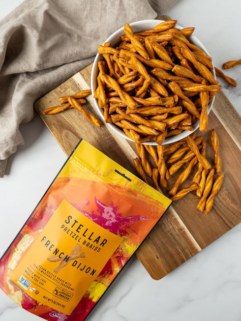 5 Oz (Pack 6), Stellar Snacks Pretzel Braids, French Dijon Honey Mustard, of Gourmet Pretzel Sticks, Vegan, Kosher, Non