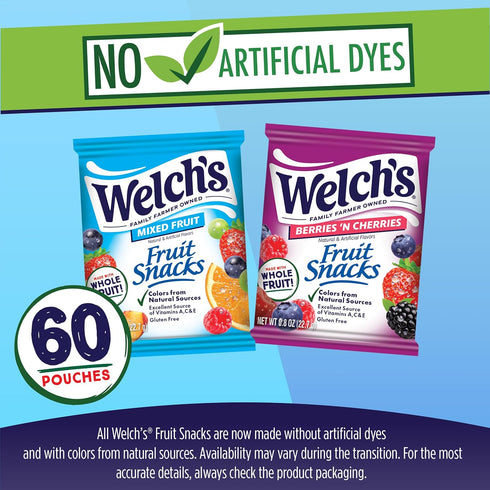 0.8oz Packs (Pack 60) Welch's Fruit Snacks, Mixed Fruit & Berries 'N Cherries Snack Box, Gluten Free, Snack