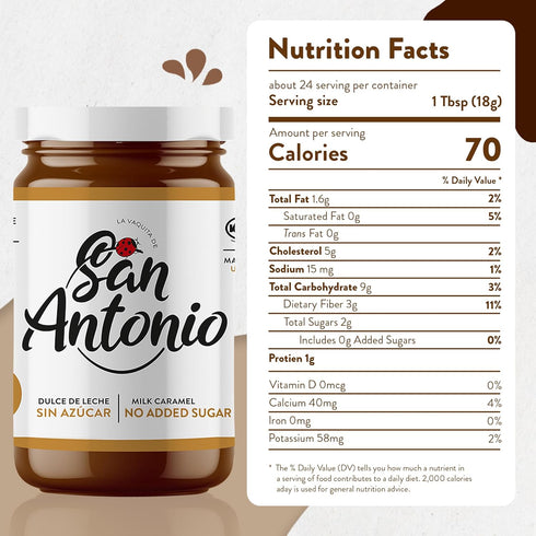 15 oz, Pack 2 San Antonio No Added Sugar Dulce de Leche Classic Milk Caramel Spread - Gluten & Lactose Free Dessert