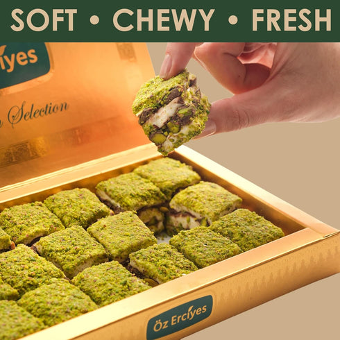 OZ ERCIYES 17.6 oz (500g) Baklava Style Turkish Delight with Chocolate and Pistachio Soft Lokum Candy, Gourmet Turkish