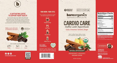 10 oz Cardio Care Organic Ground Bagged Coffee Probiotic Coffee with Cacao, Ginger, Turmeric & Cinnamon Healthy