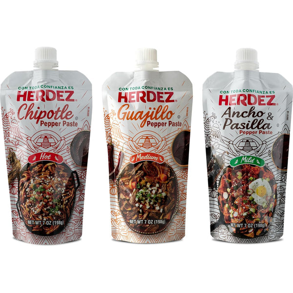 HERDEZ Pepper Paste Trio - Chipotle, Guajillo, Ancho & Pasilla - 7oz Squeeze Pouch