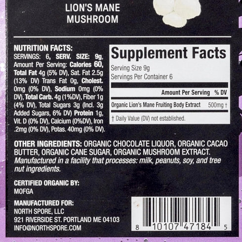 70% 100% Organic Lion's Mane Mushroom Dark Chocolate Bar | Functional Mushroom Supplement | Fruiting Body Extracts |
