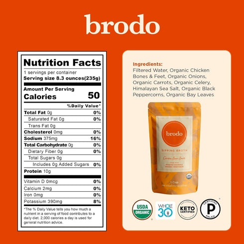 Pack 100% Slow-Simmered (6x 8.3oz) Brodo Classic Variety with Collagen & Protein, Includes Organic Chicken, Grass-Fed