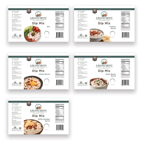 A Blend Above Bacon Lovers Dip Mix - 5 packets: Hickory Bacon, White Cheddar Bacon, BLT, Cheesy Bacon, Garlic Bacon