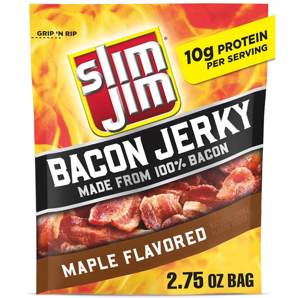 Slim Jim Smoked Bacon Jerky, Maple Flavor, 10g Protein Per Serving, 2.75