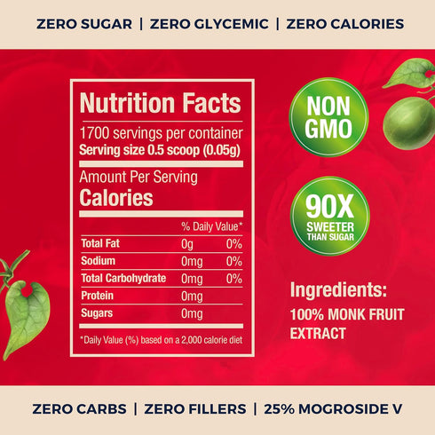 100% (90X 25% (3oz, 1700 Monk Fruit Extract Sweeter Than Sugar) Monk Fruit Sweetener No Erythritol, Sugar Substitute