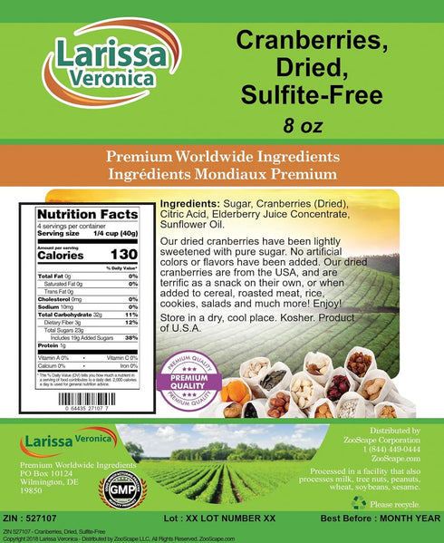 Larissa Veronica (8 oz, 527107) 3 Pack Cranberries, Dried, Sulfite-Free ZIN: