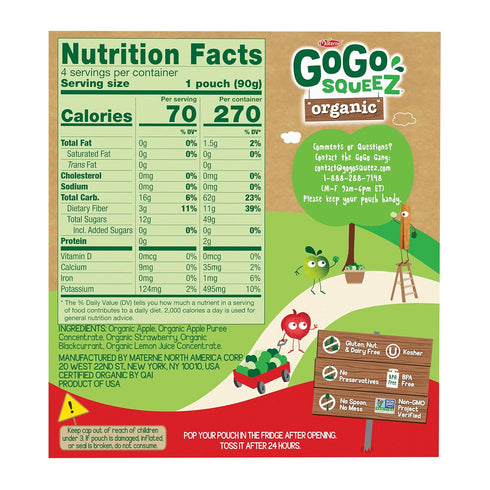 3.2 oz (Pack 48), GoGo squeeZ No Sugar Added Organic Applesauce and Fruit Puree Apple Strawberry, Pouches of Fruit