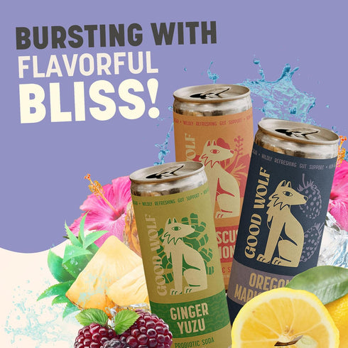 Pack 2 12 oz (6 Pack) GOOD WOLF Probiotic Refresher Variety Sparkling Soda with Ginger Yuzu, Oregon Marionberry