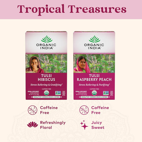 Organic India Tulsi Hibiscus Herbal Tea - Holy Basil, Stress Relieving, Immune Support, Vegan, USDA Organic, 18