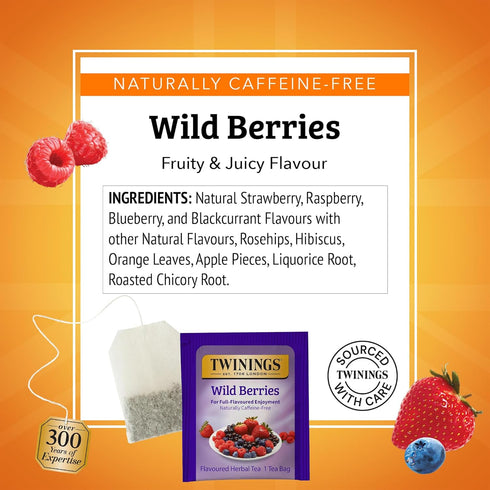 Twinings Wild Berries Herbal Tea, 20 Count Individually Wrapped Bags, Naturally Caffeine-Free