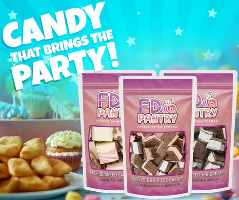 (3 Pack) Freeze Dried Cheesecake Bites & Ice Cream Sandwich Bites - New York Style, Neapolitan, and Vanilla - Crunchy