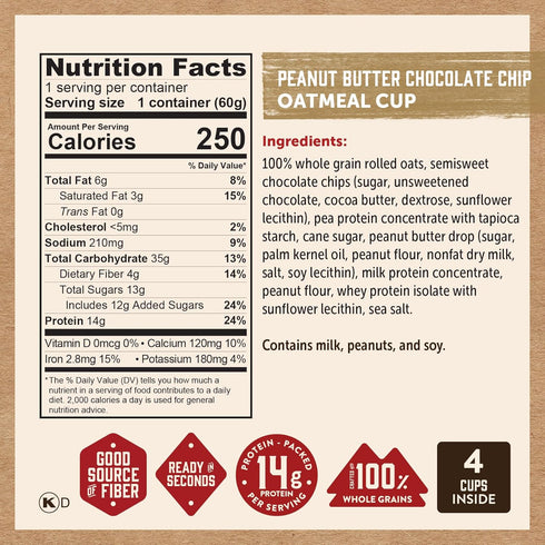 Pack: Kodiak Cakes Instant Oatmeal Cup Variety Peanut Butter Chocolate Chip, Maple & Brown Sugar, & Chocolate Chip