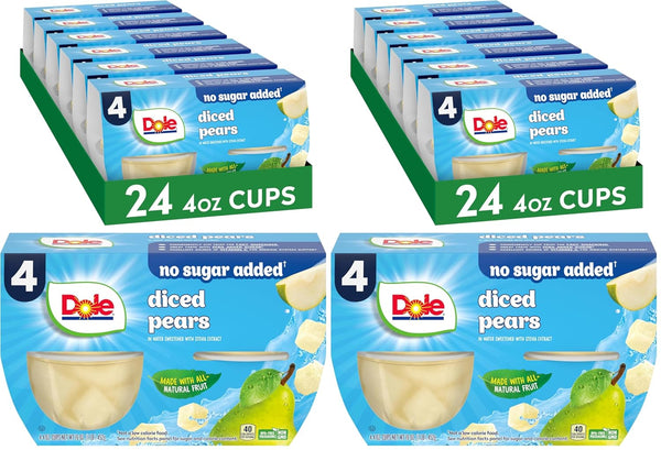 Dole Fruit Bowls No Sugar Added Snacks, Diced Pears 4oz 24 Cups,
