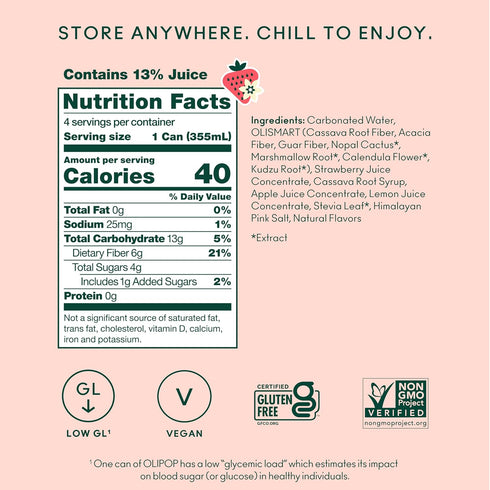 12 oz (4 OLIPOP Prebiotic Soda Pop, Strawberry Vanilla, Prebiotics, Botanicals, Plant Fiber, fl Cans)