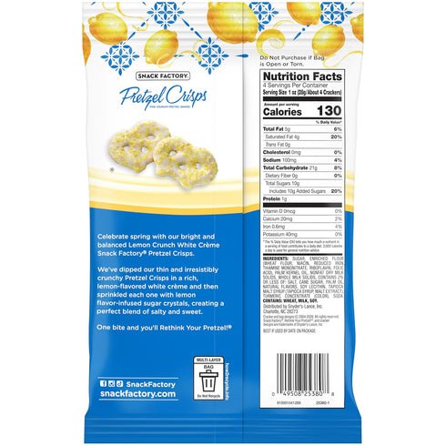 4 Oz Snack Factory Lemon Flavored Crunch White Creme Pretzels, Bag