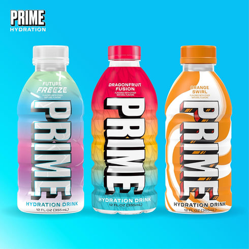 12 Oz, 15 Pack PRIME HYDRATION Variety, Dragonfruit Fusion, Orange Swirl, & Future Freeze Sports Drinks, Electrolyte