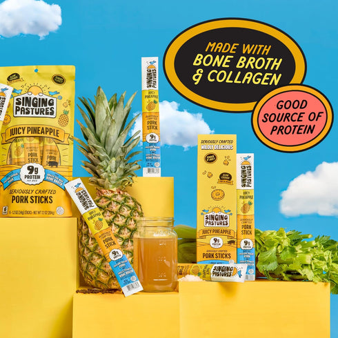 (12 Count) Juicy Pineapple Pork Meat Sticks Carton Pasture-Raised Pineapple Pork Sticks, Grass-Fed Collagen Infused