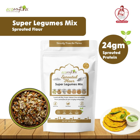 Ecomytra 100% (24g) 1lb (454 Sprouted Super Legumes Mix Flour Gluten Free & High Protein Plant Based Blend of Sprouted