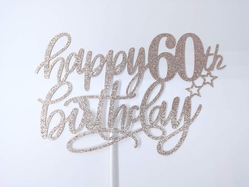 Happy 60th Birthday Cake Topper, Rose Gold Glitter 60th Anniversary Cake Decorations