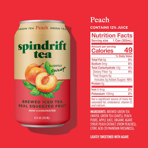 12 Oz Pack 12 49 Spindrift Brewed Iced Tea, Peach Green Tea, Made with Real Squeezed Fruit, No Carbonation, Fl Cans