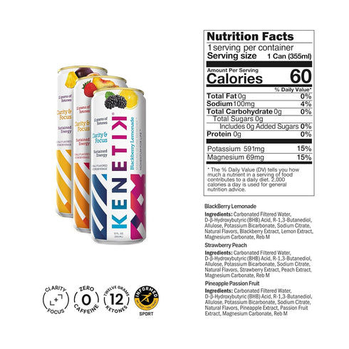 12oz 6 Pack, KENETIK Caffeine-Free Focus Drink Brain Fuel for Mental Clarity and Cognitive Endurance, Sugar-Free