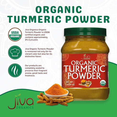 1 100% Organic Turmeric Powder Pound Jar by Jiva Organics - Raw with Curcumin - Lab Tested & Reports Available - Raw
