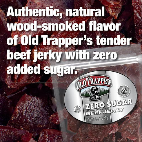 Old Trapper Zero Sugar Beef Jerky, Eight-Ounce Package, Natural Wood Smoked Keto-Friendly Snack, 14 Grams Protein