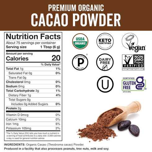 Viva Naturals Organic Cacao Powder, 1lb, Unsweetened Cacao Powder for Baking & Smoothies