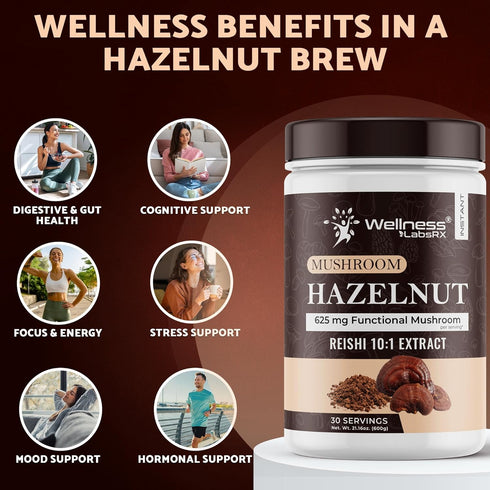 10:1 30 Mushroom Hazelnut Powder with Reishi Extract, Hot Cocoa Powder Caffeine-Free Mushroom Coffee Alternative