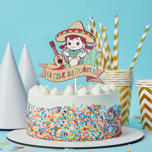 Little Senorita Birthday Cake Topper - Glitter Sombrero Mexican Fiesta Decoration for Girl Baby Shower & Gender Reveal