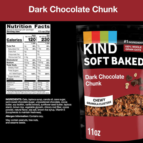 100% 4g 11oz, 1 Count (Pack 2) KIND Soft Baked Granola, Dark Chocolate Chunk, Healthy Snacks, Gluten Free, Whole