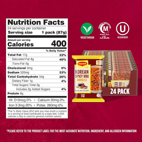 3 24-Pack Maggi Korean Spicy BBQ Noodles, Korean Instant Noodles, min, Spicy Ramen, Vegetarian, Halal, Kosher