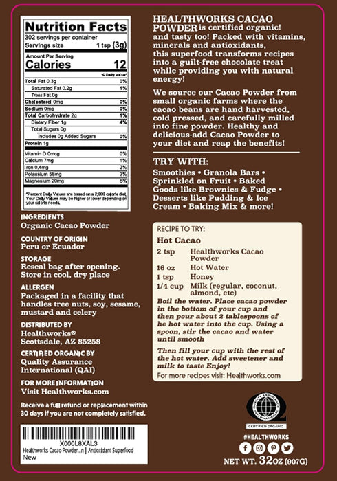 32 Oz 2 Lbs Healthworks Superfoods Organic Cacao Powder - / - Cocoa Chocolate Substitute - Rich Chocolate Flavour