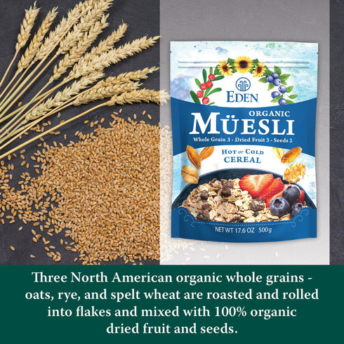17.6 oz Eden Organic Muesli Cereal, Eat Hot or Cold, Oat, Rye, Wheat, and Spelt Flakes, Raisins, Cranberries, Wild