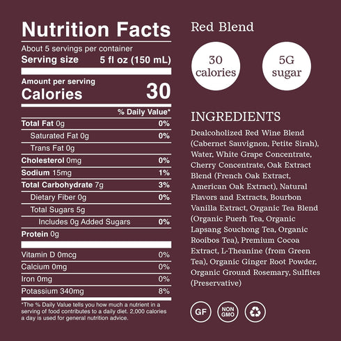 5g 30 750ml (25 oz) Surely Non Alcoholic Wine, Red Blend, Alcohol-Removed Red Wine, Sugar, Calories, De-alcoholized