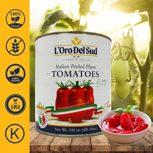 3.4 (106 oz) LOro Del Sud Italian Whole Peeled San Marzano Style Plum Tomatoes in Tomato Puree with Basil Authentic