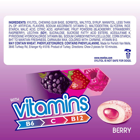 45 Count 6 Mentos Vitamins Gum, Sugar Free Gum With Vitamins and Xylitol Sweetener, Berry, Bottle, Bottles