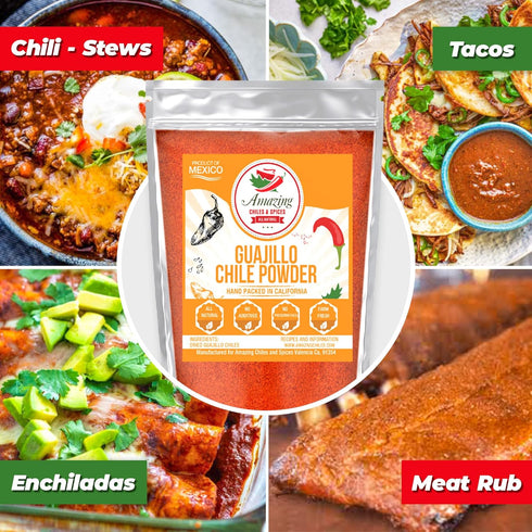 Guajillo Chile Powder Ground (8oz) – Natural and Premium. Great For Chili, Sauces, Stews, Salsa, Meat Rubs, Enchiladas, Mole and Tamales. Tangy Spicy-Sweet Flavor By Amazing Chiles and Spices
