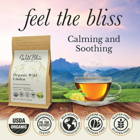 8.8 125 Wild Bliss Organic Linden Flower Tea - Caffeine Free Loose Leaf Calming Herbal Tea - Ounces - Servings