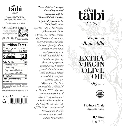 Olio Taibi 16.9 Oz Award-Winning Organic Extra Virgin Olive Oil, Monocultivar "Biancolilla", Single Sourced Sicily