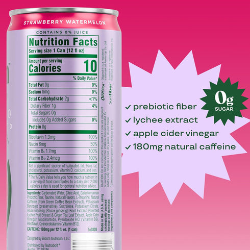 180mg 12oz 24 Pack Bloom Nutrition Sparkling Energy Drink, Zero Sugar, Caffeine | Strawberry Watermelon | | |