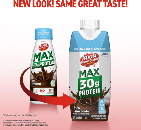 30g 11 Oz (Pack 12), Packaging BOOST Glucose Control Max Protein Nutritional Drink, Rich Chocolate, Fl of May Vary