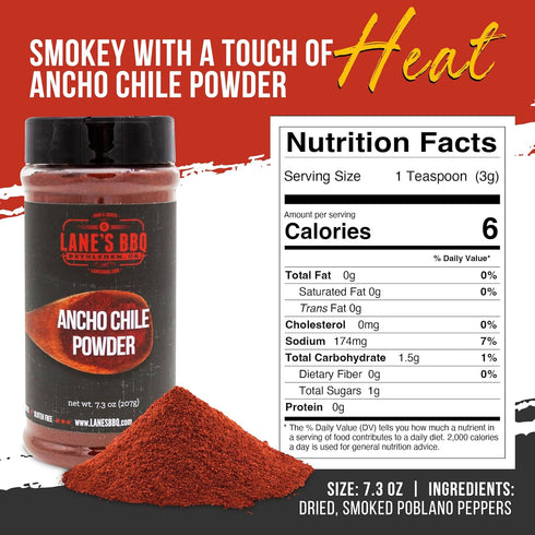 Lane's Ancho Chile Powder Spice, All-Natural Seasoning with Sweet & Smoky Flavor, 7.3 Oz