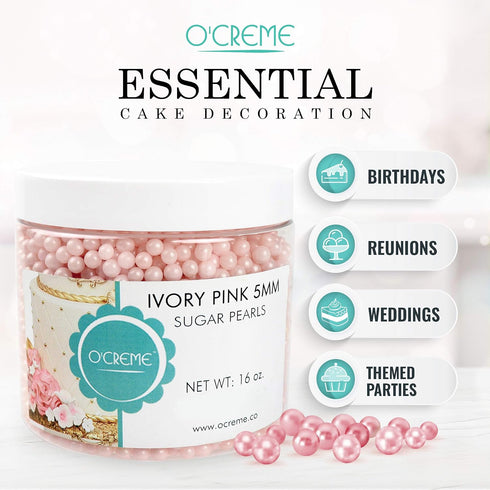 (8mm, 16 Oz) O'Creme Pink-Ivory Edible Sugar Pearls Cake Decorating Supplies for Bakers: Cookie, Cupcake & Icing
