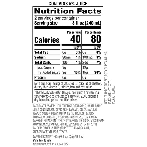 92mg 80 5% 16 oz,(Pack 24) Mountain Dew Kickstart, Black Cherry, Caffeine, Vitamins B & C, Calories, Juice, fl