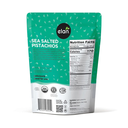 5.1 oz, Elan Organic Sea Salted Pistachios, In Shell, Salted with Sea Salt, Lightly Roasted, Naturally Open, Non-GMO